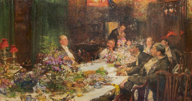 Edgar Bundy | Tijd voor geldzaken, olieverf op doek, 135,0 x 256,0 cm, gesigneerd r.o. en gedateerd 1913
