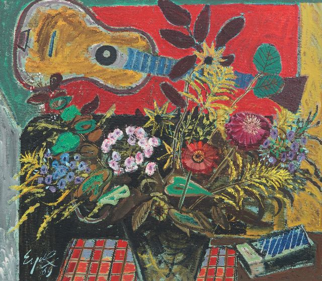 Charles Eyck | Stilleven met een gitaar, olieverf op doek, 70,5 x 80,1 cm, gesigneerd l.o. en gedateerd '69