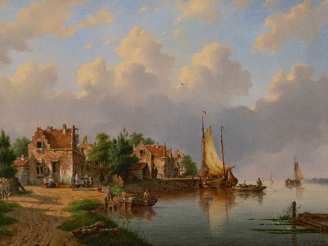 George Henry Hendriks | Dorp aan de rivier met voetveer en zeilschepen, olieverf op doek, 83,0 x 98,4 cm