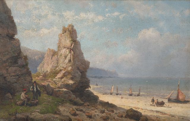 Hermanus Koekkoek | Strandgezicht met vissers en schepen langs een rotskust, olieverf op doek, 37,0 x 57,5 cm, gesigneerd m.o.