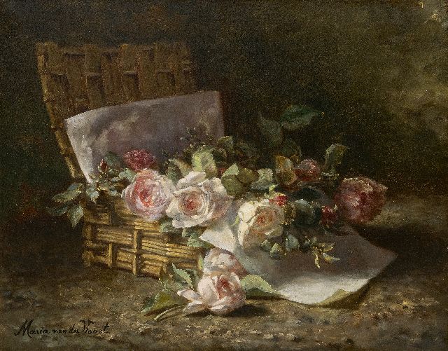 Maria van der Voort in de Betouw-Nourney | Rozen in een mand op de bosgrond, olieverf op doek, 50,1 x 60,3 cm, gesigneerd l.o.