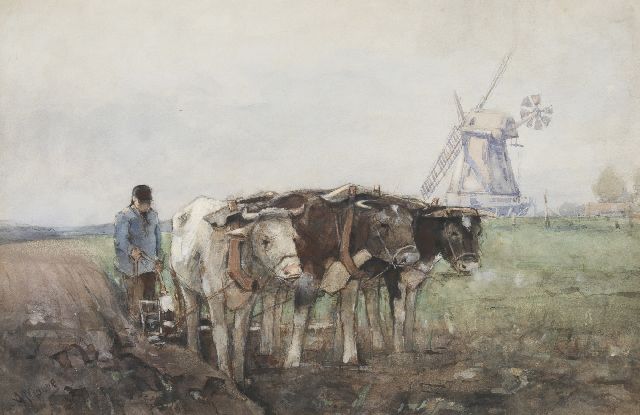 Anton Mauve | Ploegende boer met zijn ossen, aquarel en gouache op papier, 26,0 x 40,1 cm, gesigneerd l.o.