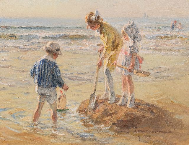 Jan Zoetelief Tromp | Spelen op het strand, olieverf op doek, 40,5 x 52,9 cm, gesigneerd r.o. en op spieraam