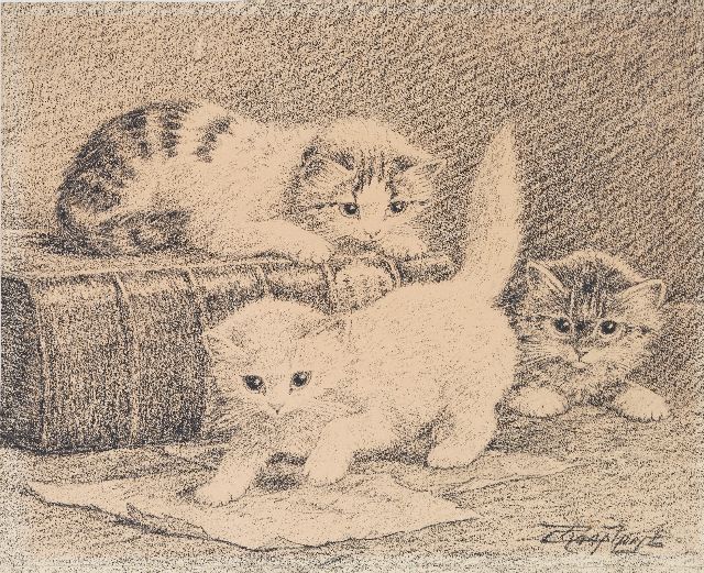 Cornelis Raaphorst | Drie spelende jonge katjes, houtskool op papier, 23,8 x 29,1 cm, gesigneerd r.o.