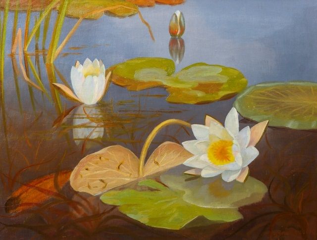 Dirk Smorenberg | Waterlelies, olieverf op doek, 39,2 x 51,2 cm, gesigneerd r.o.