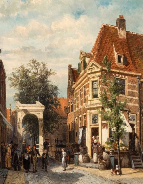 Cornelis Springer | Een drukbevolkt straatje in Weesp, olieverf op paneel, 50,0 x 40,5 cm, gesigneerd l.o en gedateerd 1877