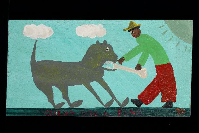 Tim Brown | Giving dog a bone, acryl op paneel, 30,7 x 58,1 cm, gesigneerd r.o. met initialen
