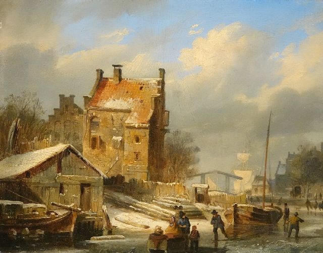 Cornelis Springer | Wintertafereel met schaatsers en ophaalbrug in de verte, olieverf op paneel, 19,0 x 24,0 cm, gesigneerd m.o. met mon en gedateerd '44