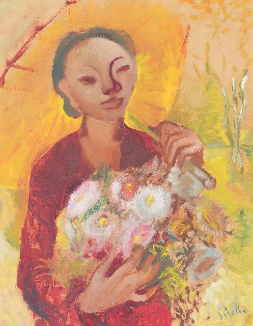 Giselle Kuster | Indische vrouw met bloemen en parasol, 63,5 x 49,6 cm, gesigneerd r.o. en te dateren ca. 1948-1949