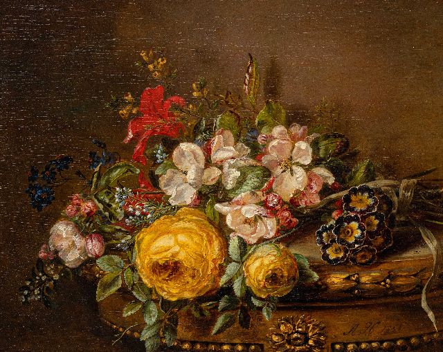 Adriana Haanen | Rozen, violen en lelies op een tafel, olieverf op paneel, 26,5 x 33,0 cm, gesigneerd r.o. en gedateerd 1850