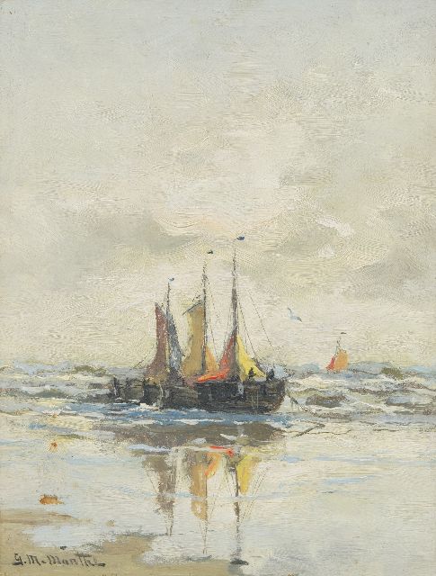 Morgenstjerne Munthe | Drie bomschuiten in de branding, olieverf op paneel, 24,5 x 18,7 cm, gesigneerd l.o.