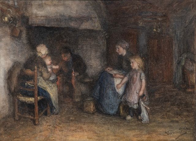 Bernard Blommers | Familie bij het haardvuur, aquarel op papier, 50,5 x 69,5 cm, gesigneerd r.o.