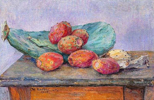 Koster J.P.C.A.  | Stilleven van dragonfruit op een tafel, olieverf op doek 29,0 x 42,5 cm, gesigneerd l.o. en gedateerd 1925