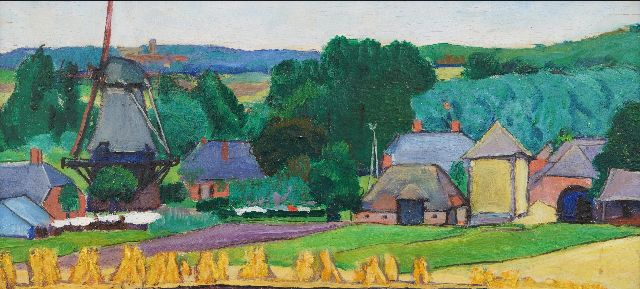 Vilmos Huszár | Dorpsgezicht met molen, mogelijk Ede, olieverf op paneel, 18,0 x 36,5 cm