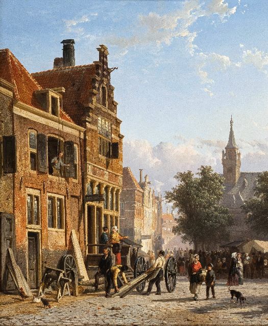 Cornelis Springer | Hollands stadsgezicht, olieverf op paneel, 42,0 x 34,5 cm, gesigneerd l.o. en circa 1855