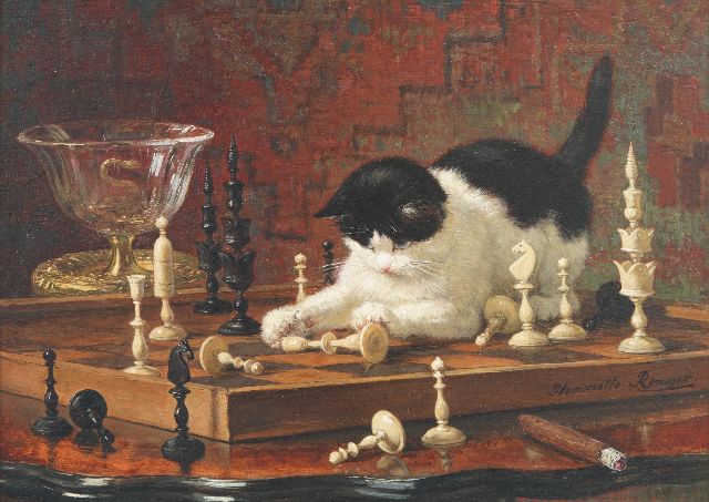 Henriette Ronner | Poes, spelend met kostbare schaakstukken 'Selenius stijl', olieverf op paneel, 32,6 x 45,2 cm, gesigneerd r.o.