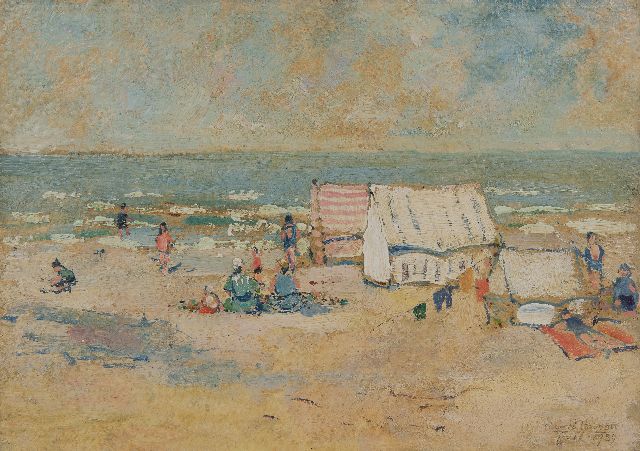Eduard Houbolt | Badgasten op het stille strand, Scheveningen, olieverf op paneel, 22,4 x 31,6 cm, gesigneerd r.o. en gedateerd 1939