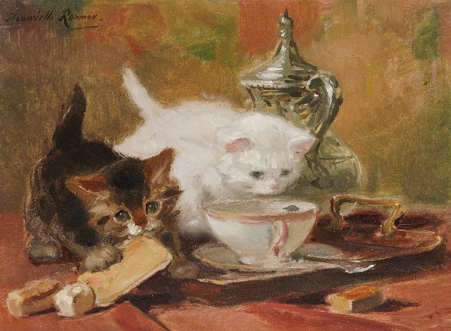 Henriette Ronner | Kittens spelend op een theetafel, olieverf op papier op paneel, 23,8 x 32,1 cm, gesigneerd l.b.