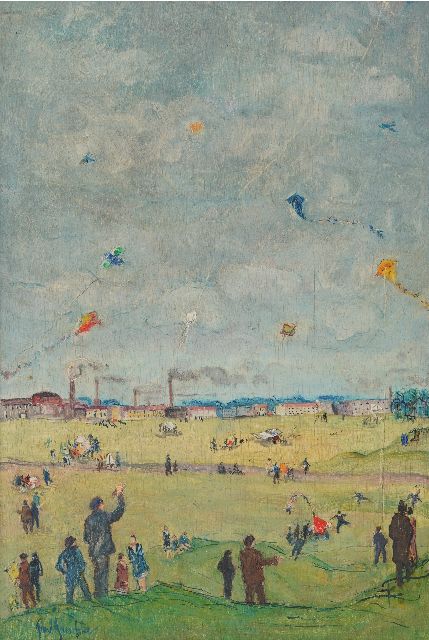 Paul Paeschke | Vliegeren op het Tempelhofer Feld in Berlijn, olieverf op paneel, 45,0 x 30,8 cm, gesigneerd l.o. en te dateren ca. 1910