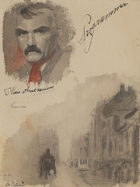 Arntzenius P.F.N.J.  | Blad met zelfportret en schets van de Lange Poten, Den Haag, potlood, inkt en aquarel op papier 15,7 x 12,4 cm, gesigneerd l.m.