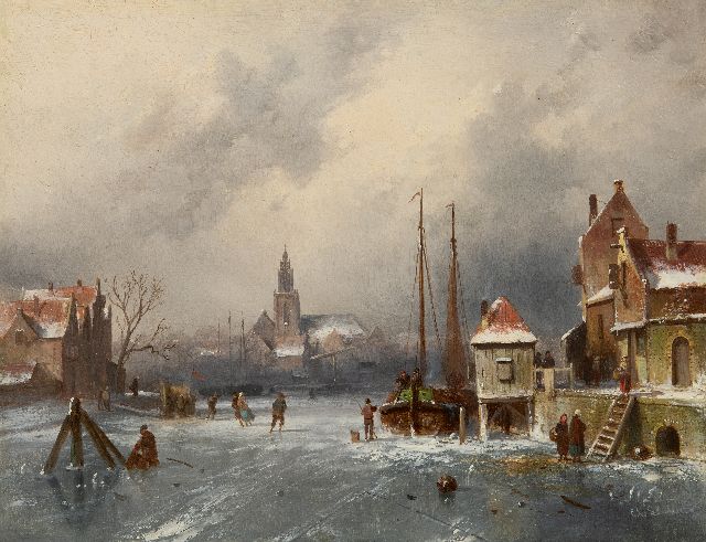 Charles Leickert | Winters stadsgezicht met schaatsers en koek-en-zopietent, olieverf op paneel, 31,6 x 41,0 cm, gesigneerd r.o.