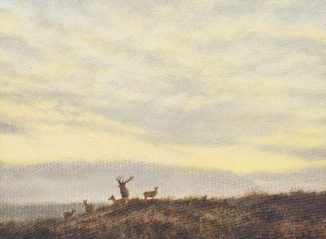 Rien Poortvliet | Avondstemming met herten aan de horizon, olieverf op doek, 60,0 x 80,0 cm
