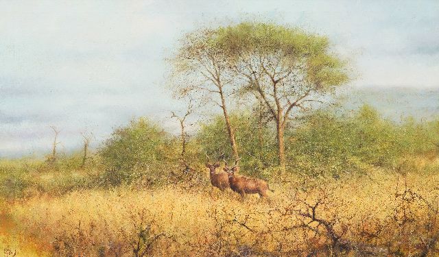 Rien Poortvliet | Kudu's bij bomen, olieverf op doek, 60,0 x 100,0 cm