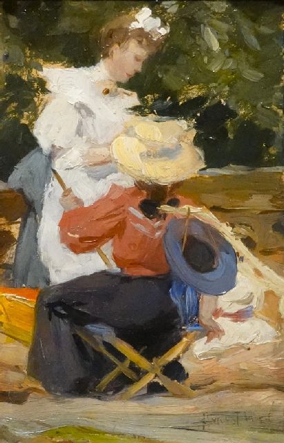 Voorden A.W. van | De hoedenverkoopster, olieverf op papier 20,5 x 13,5 cm, gesigneerd r.o.