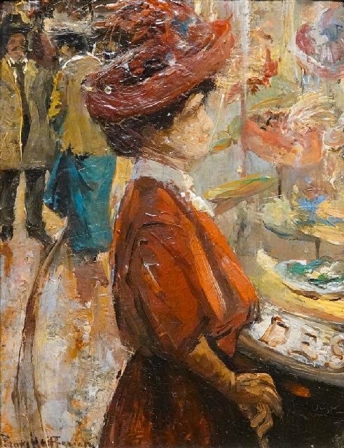 Frans Helfferrich | Elegante dame voor hoedenwinkel, olieverf op paneel, 16,0 x 11,8 cm, gesigneerd l.o.