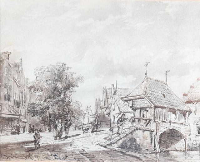 Cornelis Springer | Gezicht op de visafslag en brug in Oudewater, houtskool op papier, 40,0 x 50,0 cm