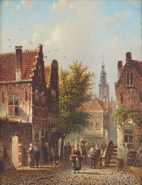 Johannes Franciscus Spohler | Zomers stadsgezicht met de toren van de Haarlemse Bakenesserkerk (pendant van winter), olieverf op paneel, 20,9 x 15,8 cm, gesigneerd l.o.