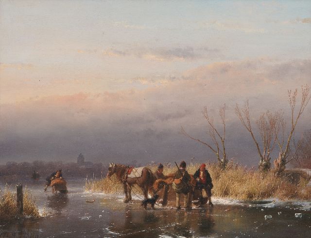 Andreas Schelfhout | Wintergezicht met jagers bij een paardenslee, olieverf op paneel, 44,0 x 34,5 cm, gesigneerd l.o. en gedateerd 1850