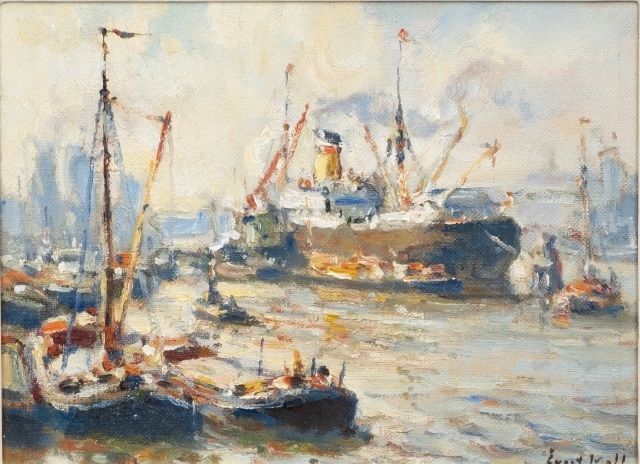 Evert Moll | Havengezicht met stoomboot en aangemeerde zeilbootjes, olieverf op doek, 24,0 x 17,5 cm, gesigneerd r.o.