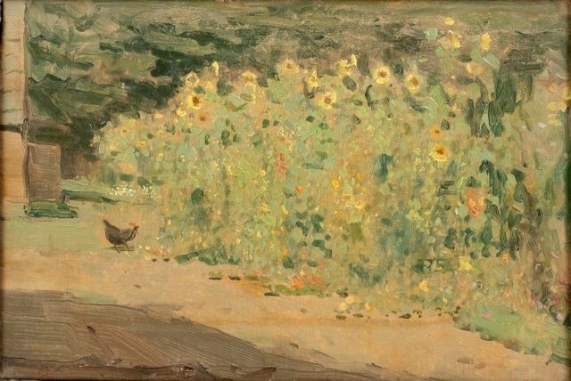 Gerrit Willem Dijsselhof | Kip op erf met bloemen, olieverf op doek, 33,0 x 23,0 cm, gesigneerd l.o. met mon