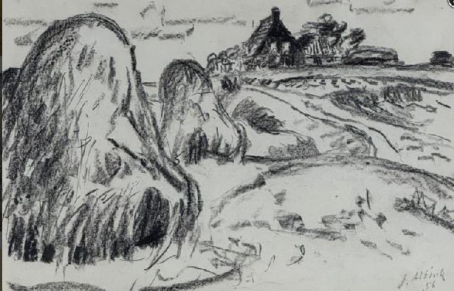 Jan Altink | Gronings landschap, krijt op papier, 32,0 x 48,0 cm, gesigneerd r.o. en gedateerd '56
