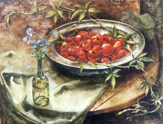 Kruizinga D.  | Stilleven met aardbeien op tinnen schaal, olieverf op doek 35,2 x 45,3 cm, gesigneerd r.o.