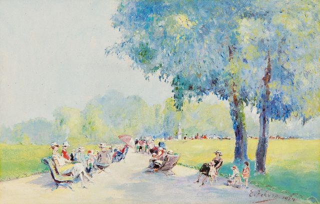 Febre E.  | Le Jardin Public, olieverf op paneel 16,5 x 25,5 cm, gesigneerd r.o. en gedateerd 1924