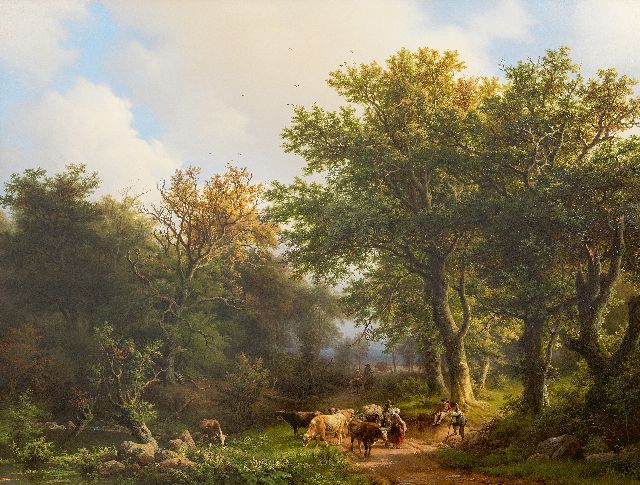 Barend Cornelis Koekkoek | Zomers bosgezicht met vee en figuren, olieverf op paneel, 69,1 x 90,2 cm, gesigneerd r.o. en gedateerd 1853  gereserveerd