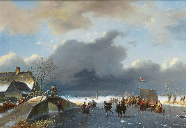 Nicolaas Johannes Roosenboom/Eugène Verboekhoven | IJspret bij opkomende sneeuwstorm (de figuren zijn van Eugène Verboeckhoven), olieverf op doek, 48,1 x 68,0 cm