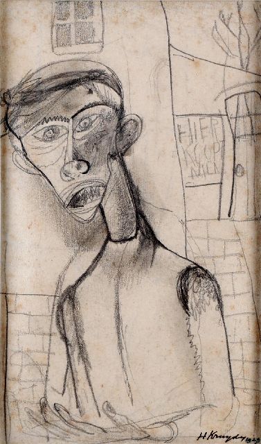 Herman Kruyder | Een man: 'hier koopt men', tekening op papier, 18,0 x 11,0 cm, gesigneerd r.o. en gedateerd 1929 (niet te koop)