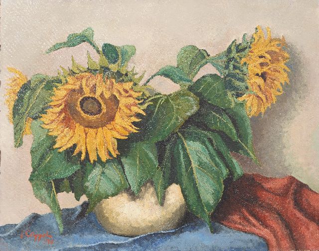 Karel Appel | Stilleven met zonnebloemen, olieverf op papier op doek op paneel - (oil on paper on canvas laid down on panel), 71,0 x 90,0 cm, gesigneerd l.o. en gedateerd '40 VERKOCHT