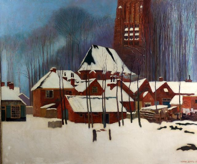 Huib Luns | Wintergezicht op Vught met de Sint Lambertuskerk in de sneeuw, olieverf op doek, 120,5 x 142,2 cm, gesigneerd r.o. en gedateerd '23