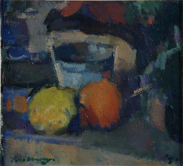 Kees Verwey | Stilleven met citroen en sinaasappel, olieverf op doek, 26,3 x 29,3 cm, gesigneerd l.o. en gedateeerd '70