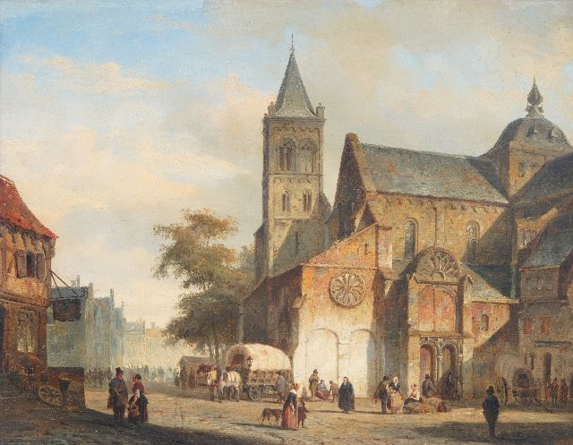 Cornelis Springer | Hollands stadsplein met kerk en huifkar, olieverf op doek, 36,5 x 46,0 cm, gesigneerd l.o. met monogram en gedateerd '44