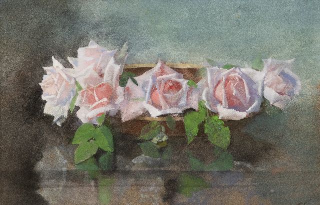 Jan Voerman sr. | Schaal met 'La France'-rozen op stenen plint, aquarel op papier, 32,5 x 49,6 cm, gesigneerd r.o. met initialen