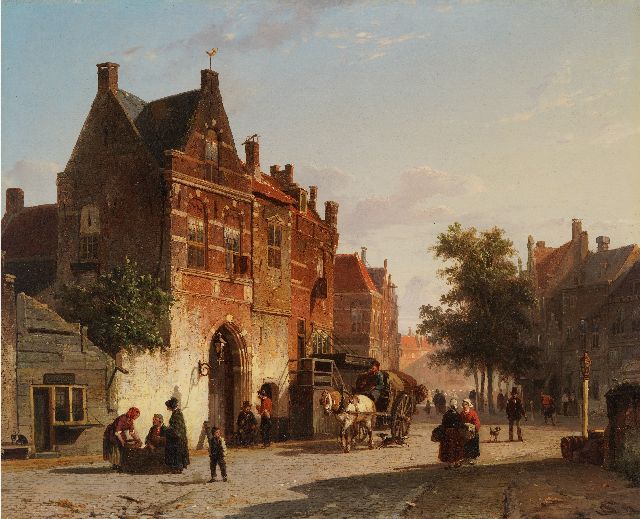 Springer C.  | Hollands stadsgezicht met marktplein, olieverf op paneel 34,2 x 42,3 cm, gesigneerd r.o. en gedateerd '52  VERKOCHT
