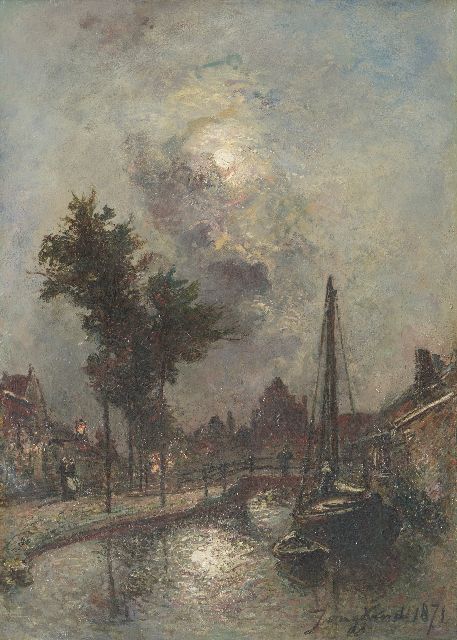 Johan Barthold Jongkind | Bruggetje bij maanlicht, Dordrecht, olieverf op doek, 46,2 x 33,6 cm, gesigneerd r.o. en gedateerd 1871