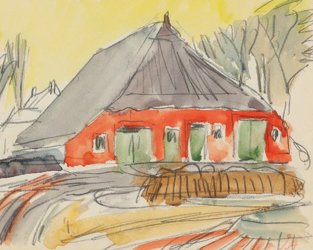 Jan Altink | Rode boerderij, Groningen, zwart krijt en aquarel op papier, 16,6 x 20,7 cm, gesigneerd r.o. met initialen