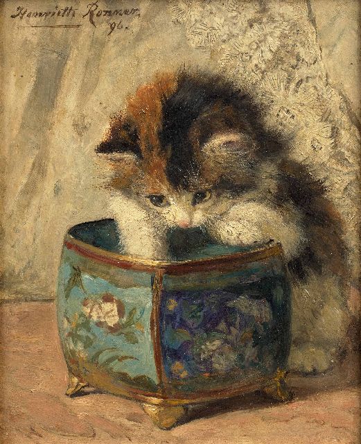 Henriette Ronner | Spelende kitten met een sierpot, olieverf op paneel, 19,0 x 14,5 cm, gesigneerd l.o. en gedateerd '96