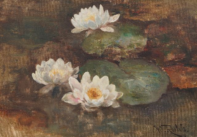 Willem Roelofs | Waterlelies, olieverf op doek, 41,1 x 58,3 cm, gesigneerd r.o.